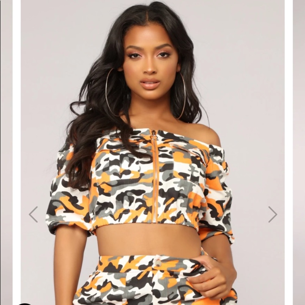 Camouflage off the shoulder top